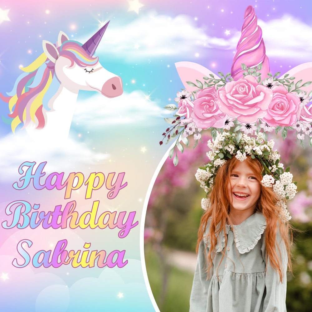 Toile de fond Anniversaire Personnalisé Licorne Fleurie de Rêve BRP5-150