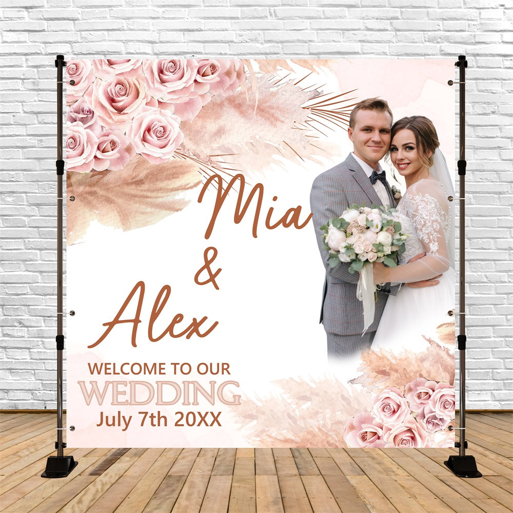Toile de fond Mariage Bohème Personnalisée Rose Blush Feuille de Palmier BRP5-187
