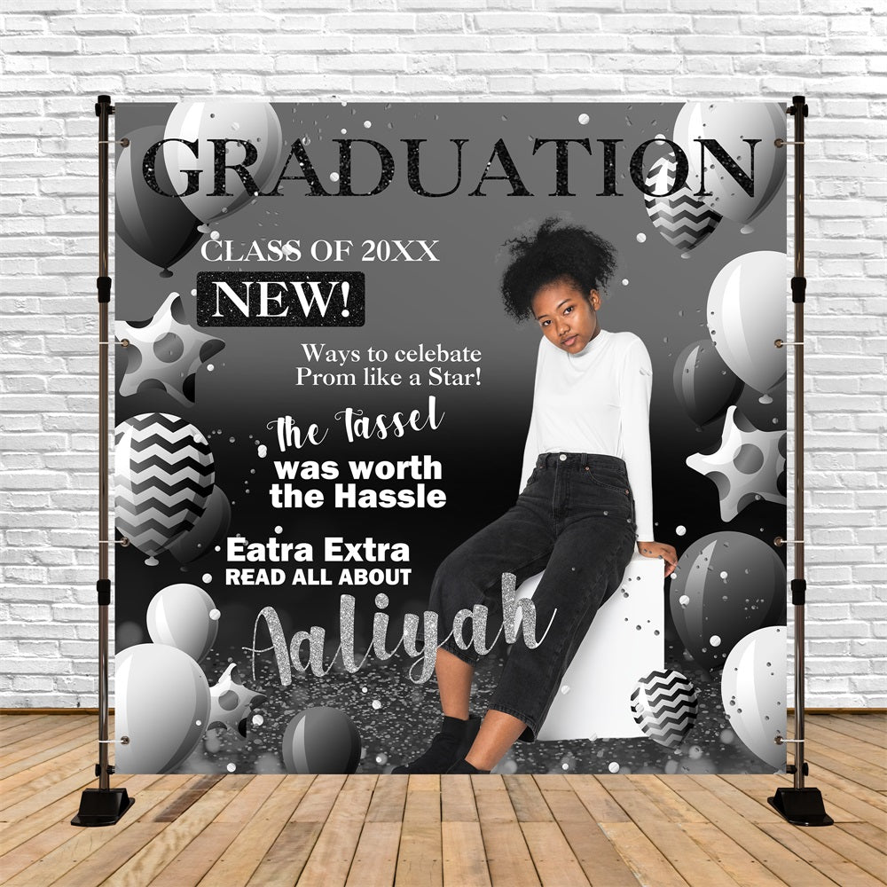 Toile de Fond de Graduation Ballons Noir Blanc Personnalisée BRP5-206