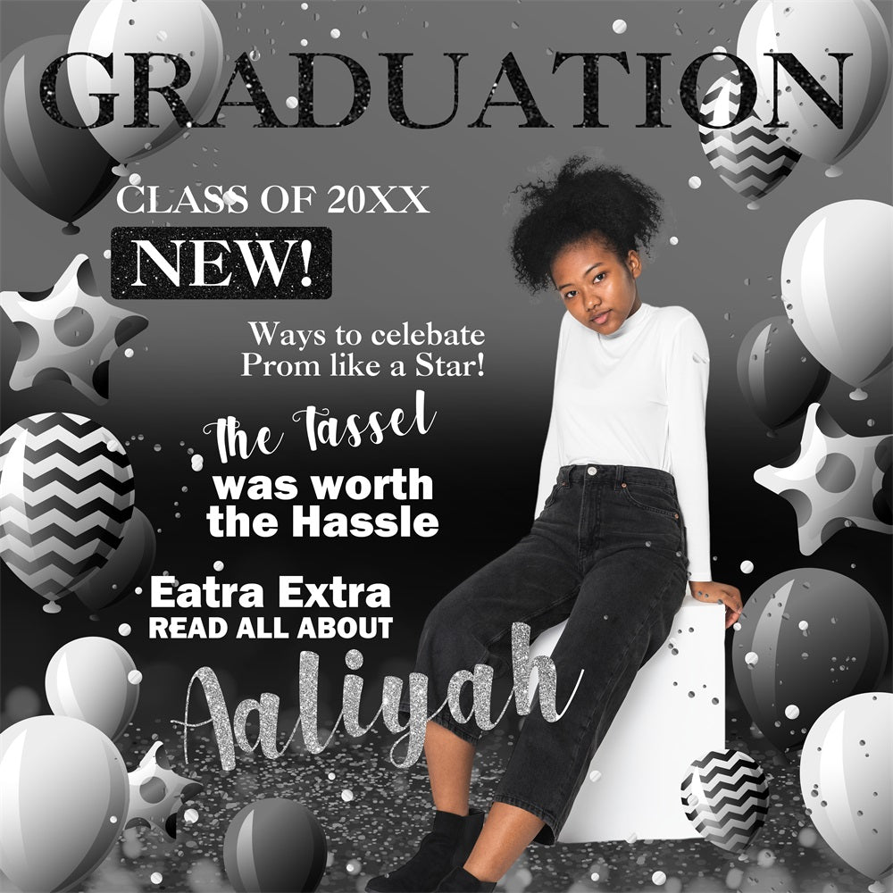 Toile de Fond de Graduation Ballons Noir Blanc Personnalisée BRP5-206