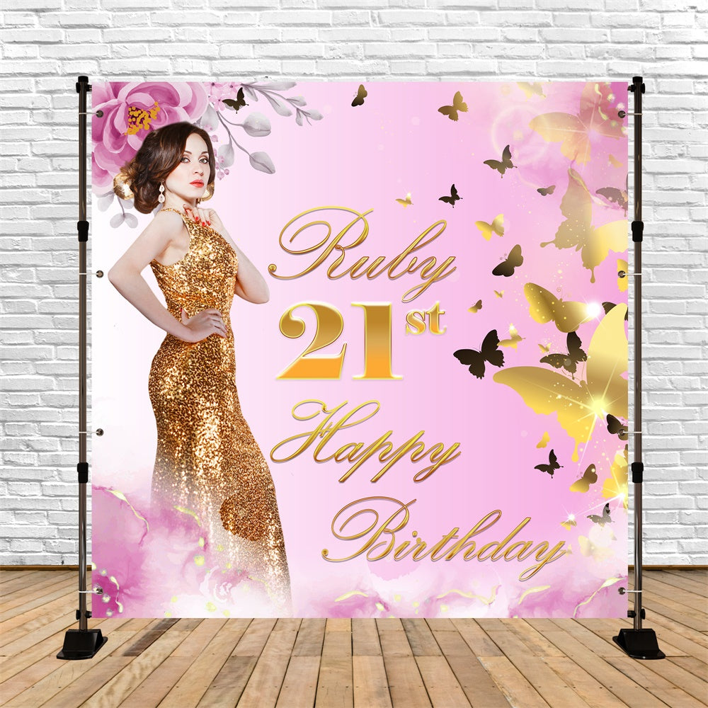Toile de fond Deco Anniversaire Personnalisé Papillons Dorés et Fleurs BRP5-91