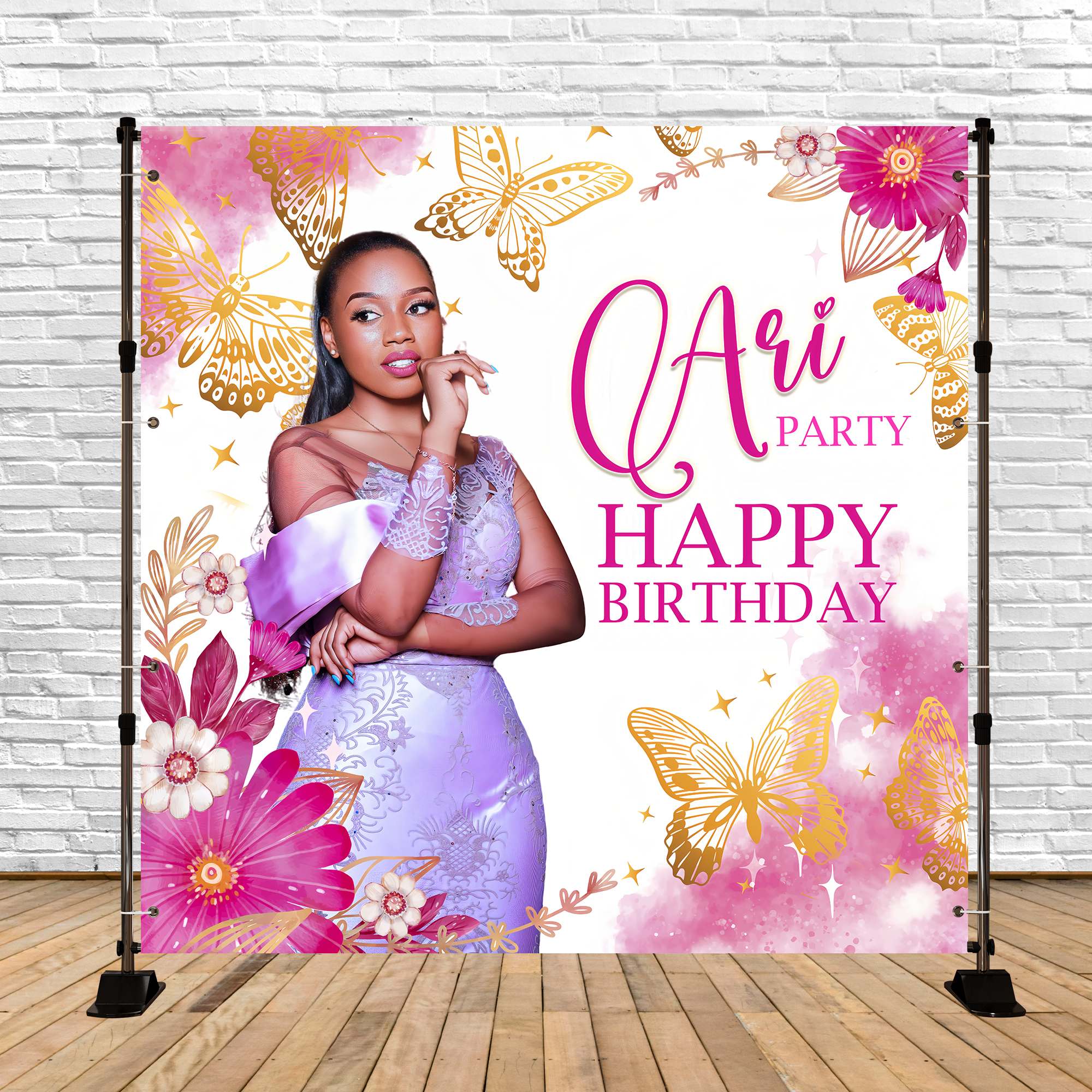 Toile de fond Anniversaire Personnalisable Papillons et Fleurs Délicates BRP5-92