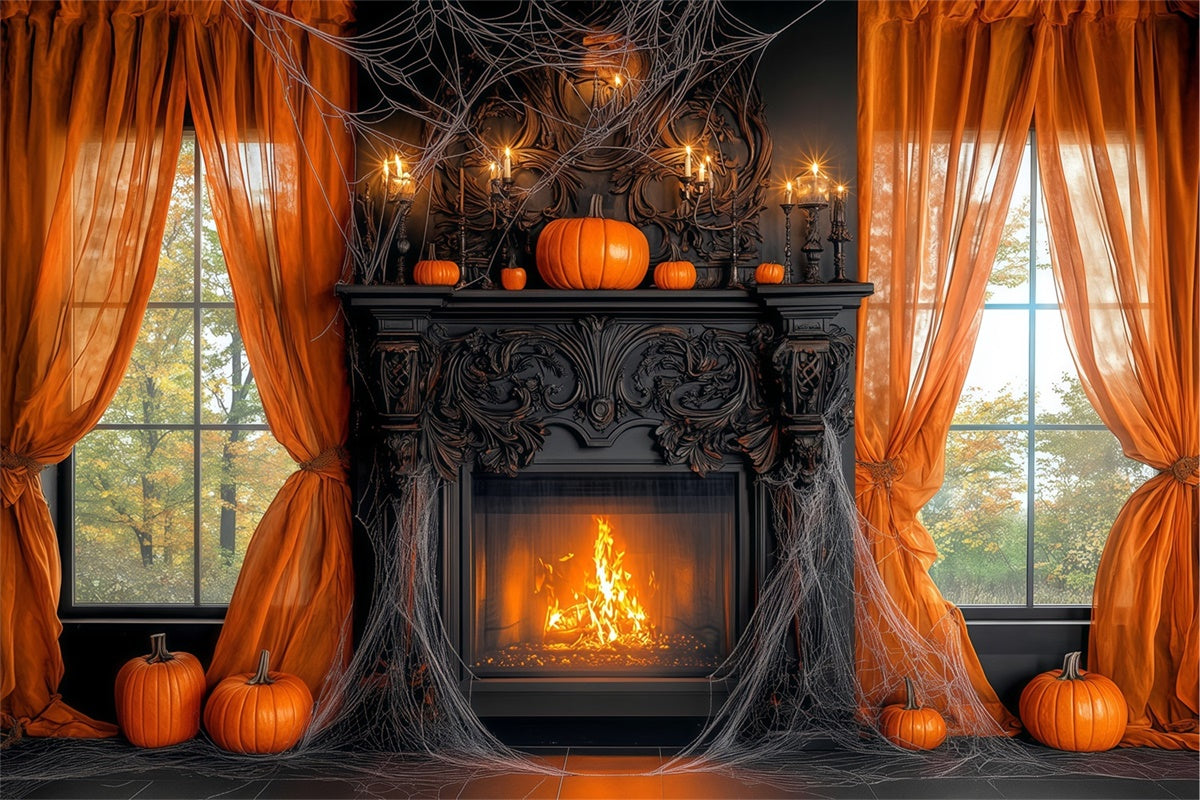 Toile de fond Photo Halloween Manoir Citrouille Cheminée BRP57-111
