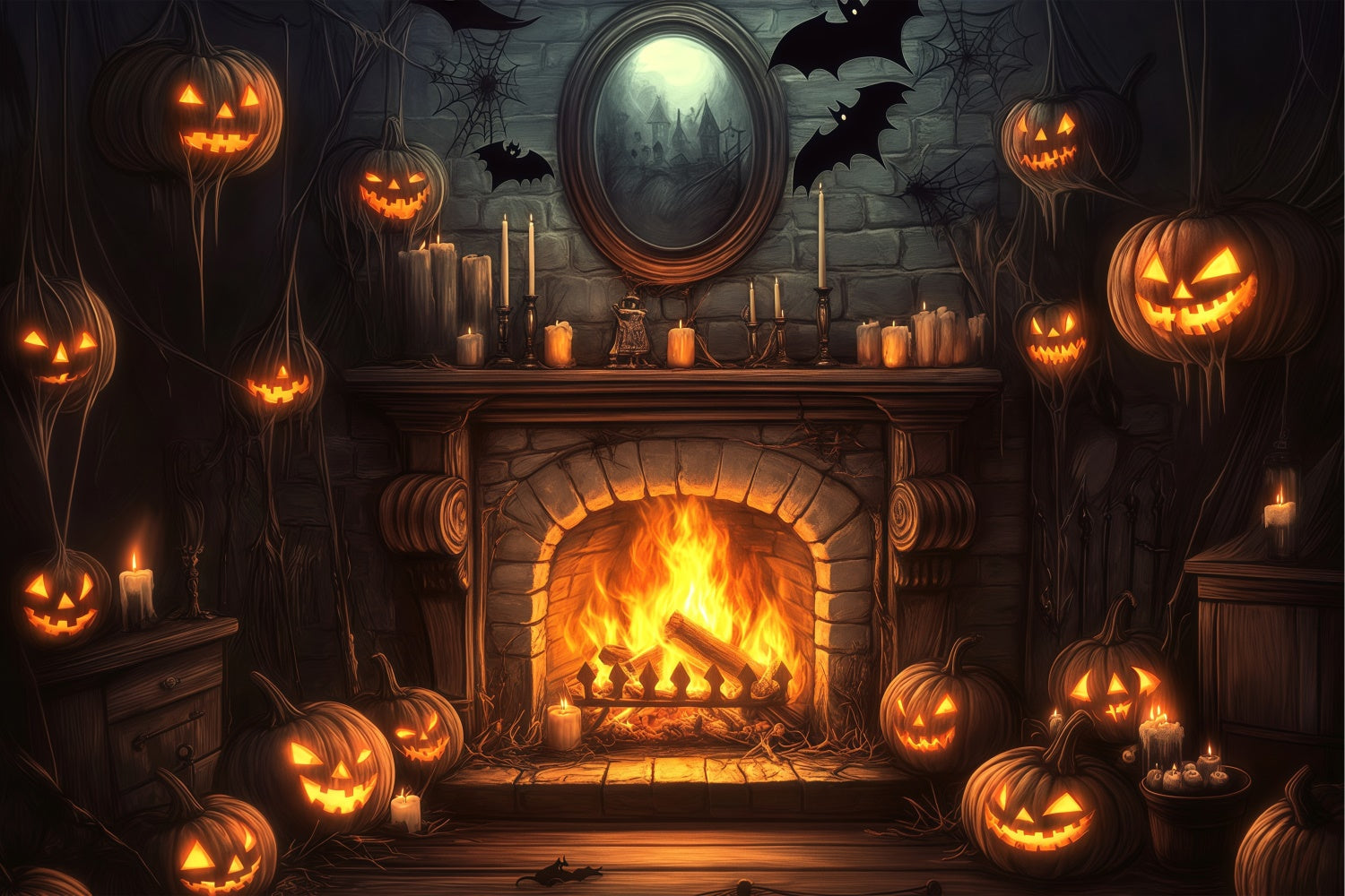 Toile de fond Photo Halloween Cheminée Citrouille Chauve-Souris BRP57-113