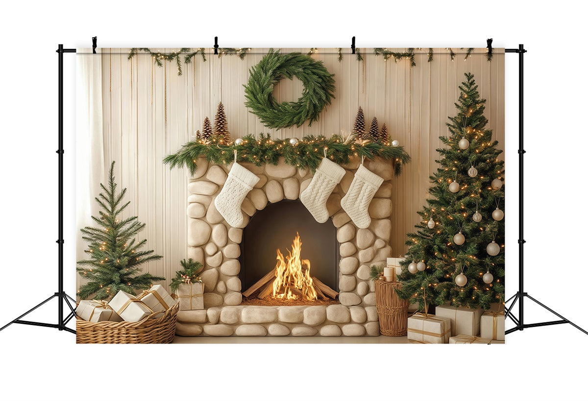 Toile de fond de Noël Foyer Galets et Sapins BRP57-134