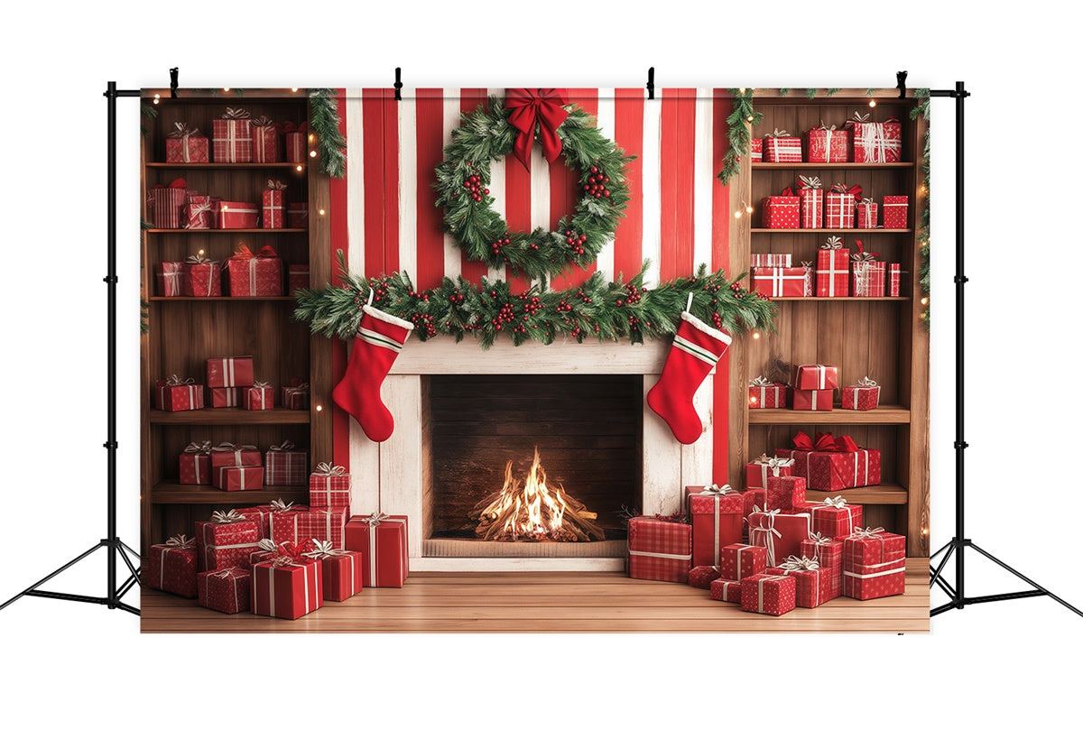 Toile de fond de Noël Mur Cadeaux Canne Sucrée Cheminée BRP57-136
