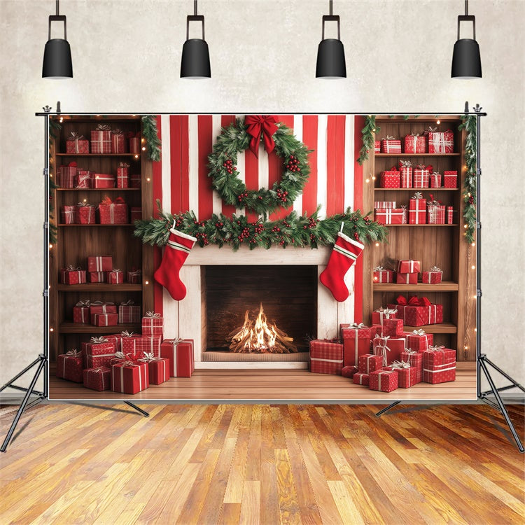 Toile de fond de Noël Mur Cadeaux Canne Sucrée Cheminée BRP57-136