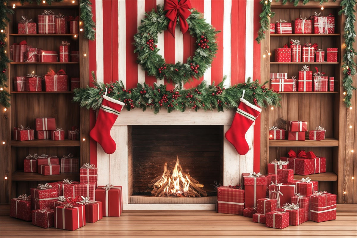 Toile de fond de Noël Mur Cadeaux Canne Sucrée Cheminée BRP57-136