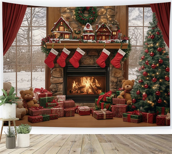 Toile De Fond Noël 2,1x1,5 M Rouge - Motif Sapins, Cadeaux, Rennes, Pour Décoration Fête Et Photo