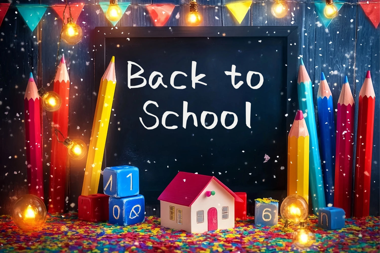 Toile de fond Rentrée des Classes Confettis Crayons et Lumières BRP57-16