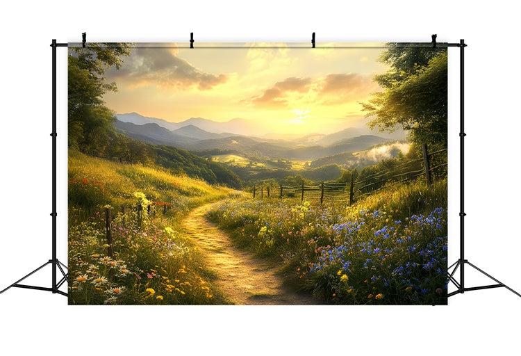 Toile de fond Automne Prairie Sentier Coucher Soleil BRP57-169
