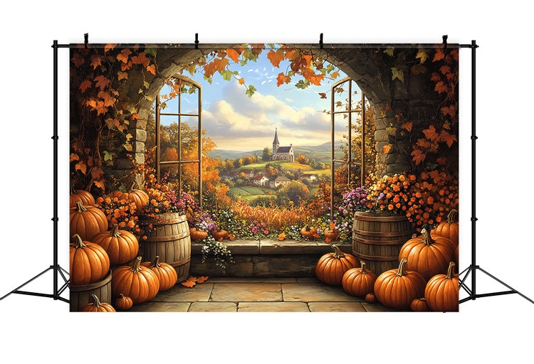 Toile de fond Déco Automne Citrouille Baril Vue Village BRP57-175