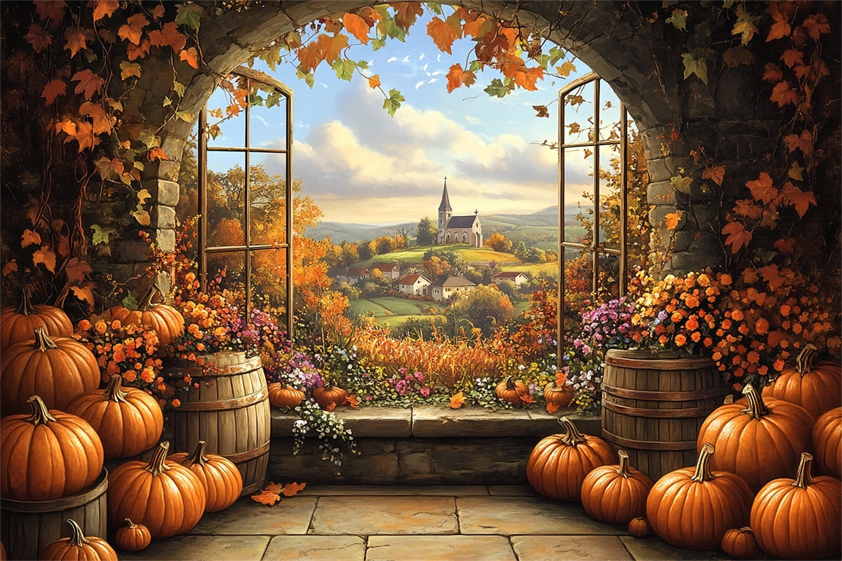 Toile de fond Déco Automne Citrouille Baril Vue Village BRP57-175