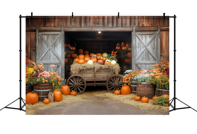Toile de fond Photo Automne Chariot Citrouille Grange BRP57-184
