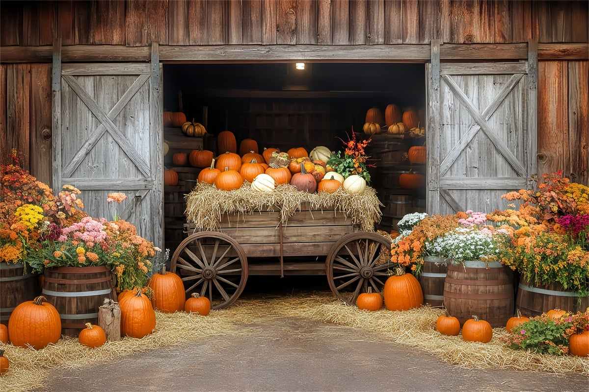 Toile de fond Photo Automne Chariot Citrouille Grange BRP57-184