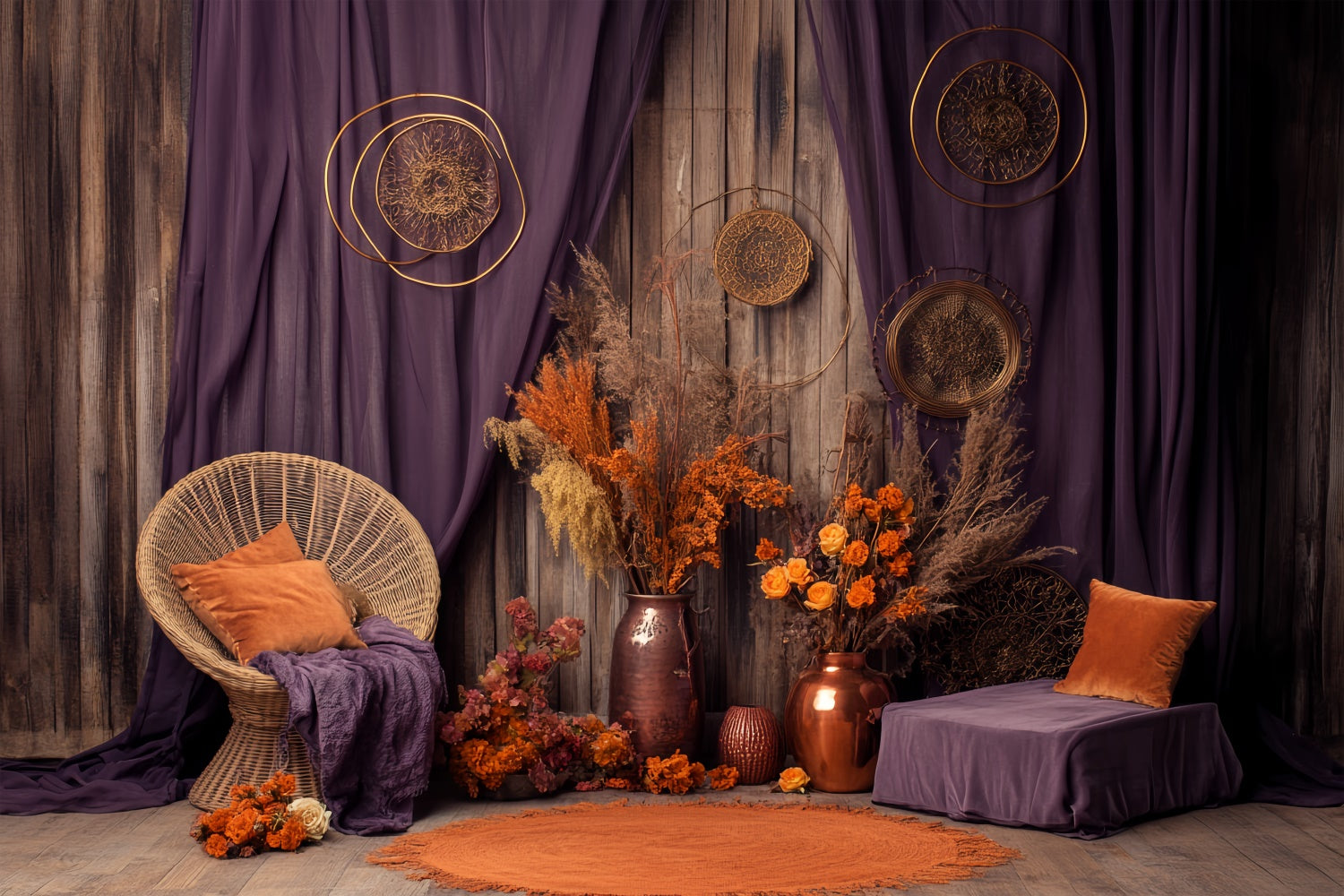 Toile de fond Automne Rideau Violet Fleurs Sèches BRP57-187