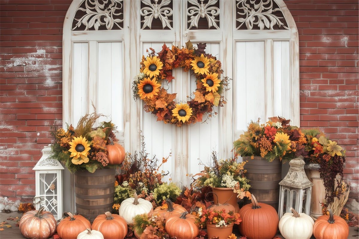 Toile de fond Photo Automne Porche Couronne Tournesols BRP57-188