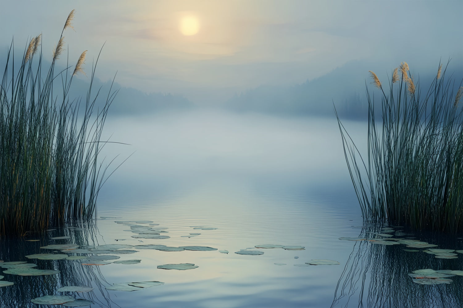 Toile de fond Ciel Brume Roseaux Vue Lac BRP57-206