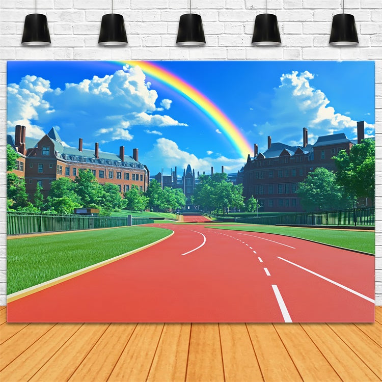 Toile de fond Scolaire Arc-en-ciel Campus et Piste Rouge BRP57-21