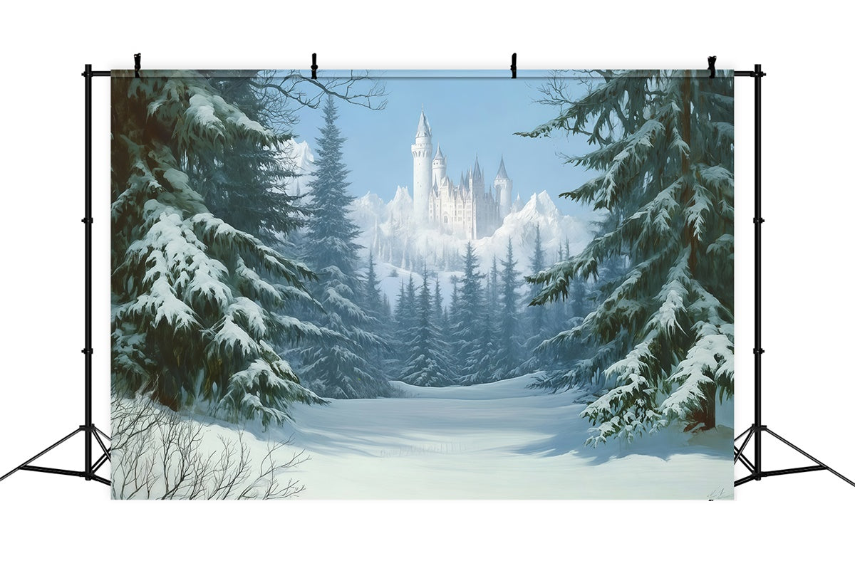 Toile de fond Hiver Photographie Pins Neige Château BRP57-378