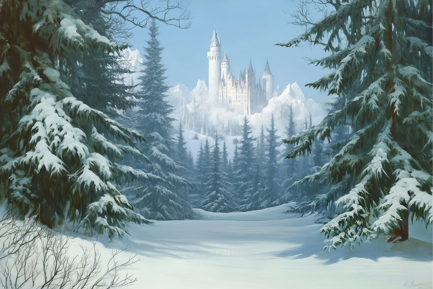 Toile de fond Hiver Photographie Pins Neige Château BRP57-378
