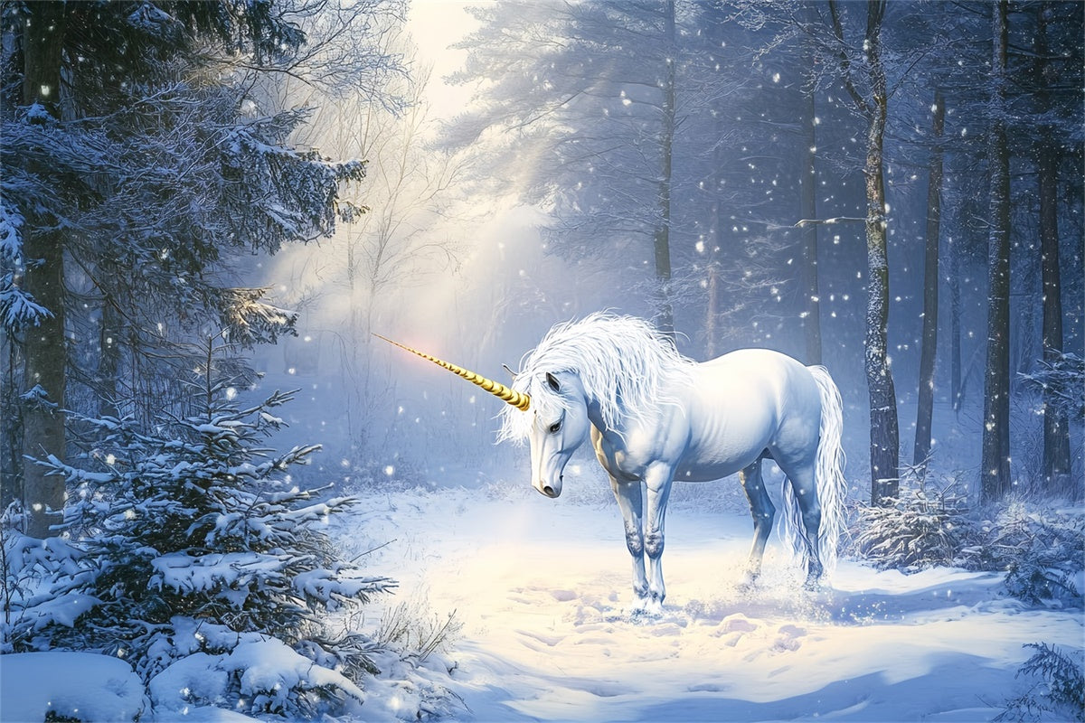 Toile de fond Hiver Forêt Licorne Magique Givrée BRP57-380