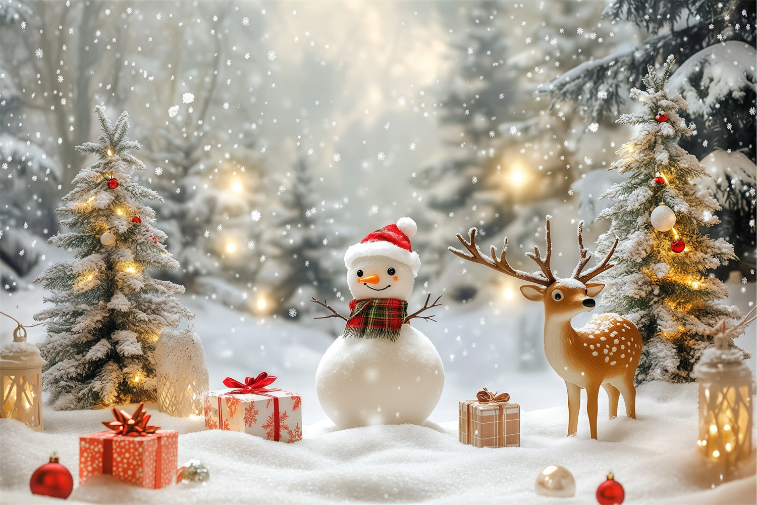 Toile de fond Paysage d’Hiver Bonhomme de Neige Douillet Cadeaux Noël BRP57-381