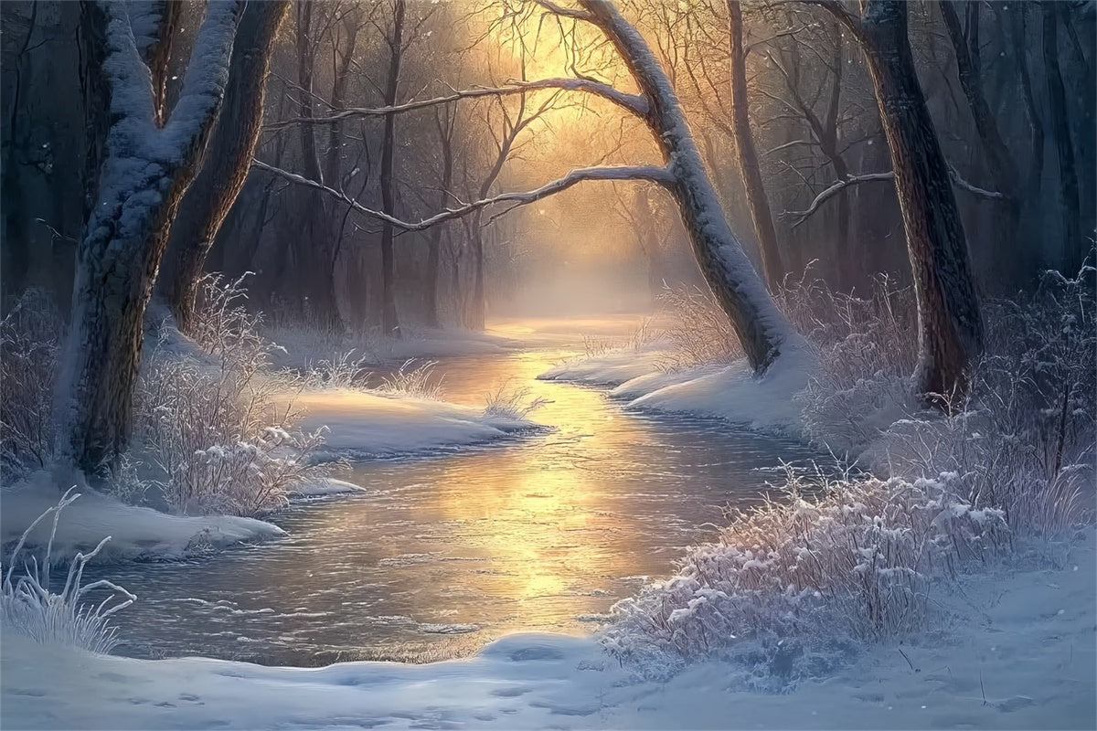 Toile de fond Hiver Forêt Rivière Tranquille Matin BRP57-392