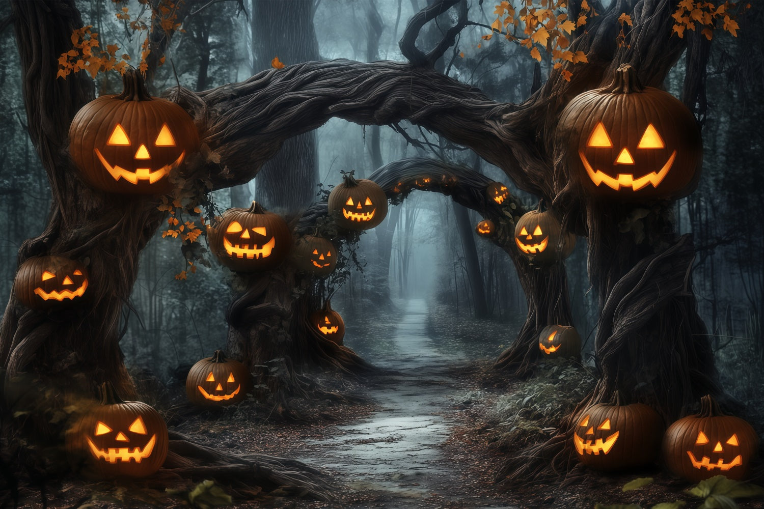 Toile de fond Halloween Chemin de Lanternes Citrouille en Forêt BRP57-60