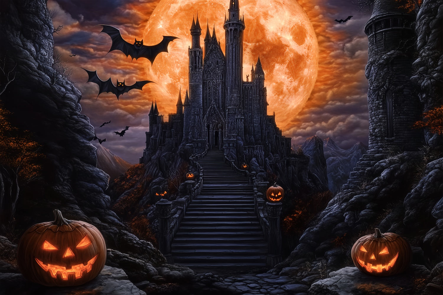 Toile de fond Halloween Château de Chauves-Souris Lune de Sang BRP57-62