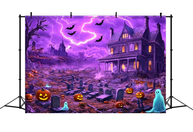 Toile de fond Halloween Maison Hantée et Éclairs au Cimetière BRP57-97