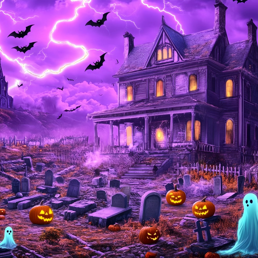 Toile de fond Halloween Maison Hantée et Éclairs au Cimetière BRP57-97
