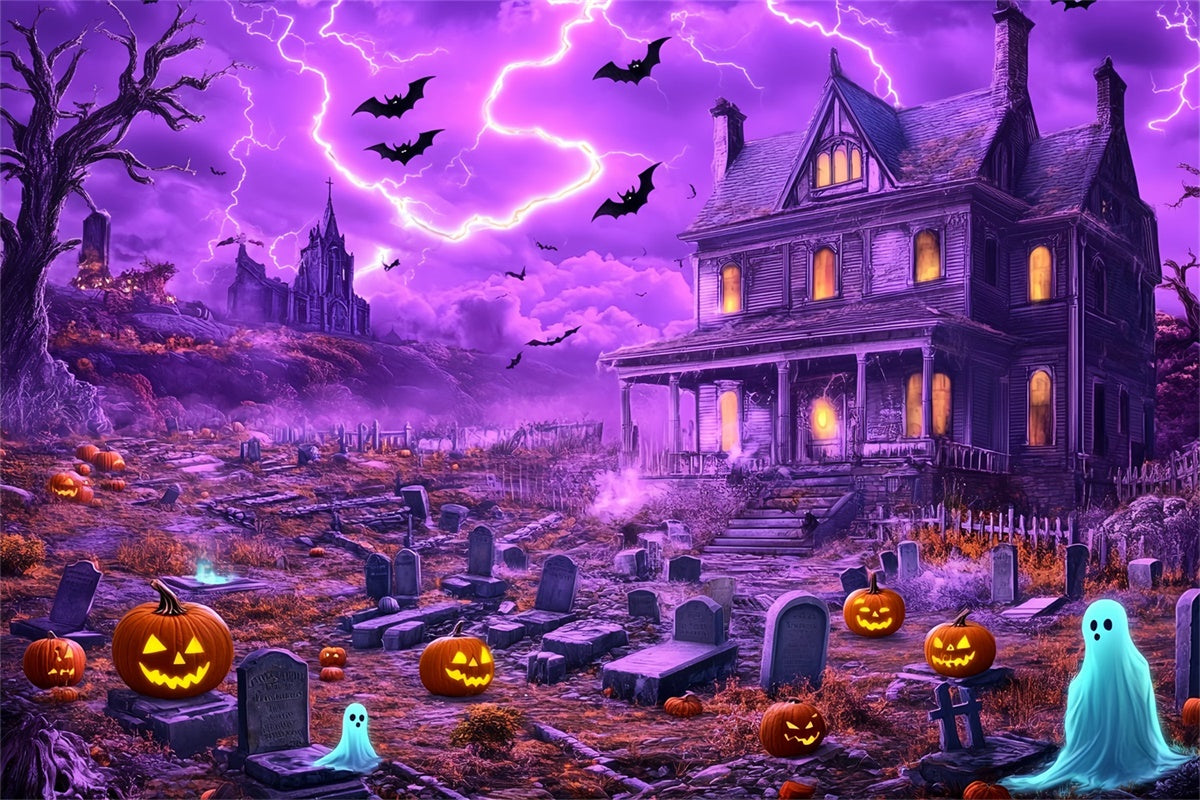 Toile de fond Halloween Maison Hantée et Éclairs au Cimetière BRP57-97
