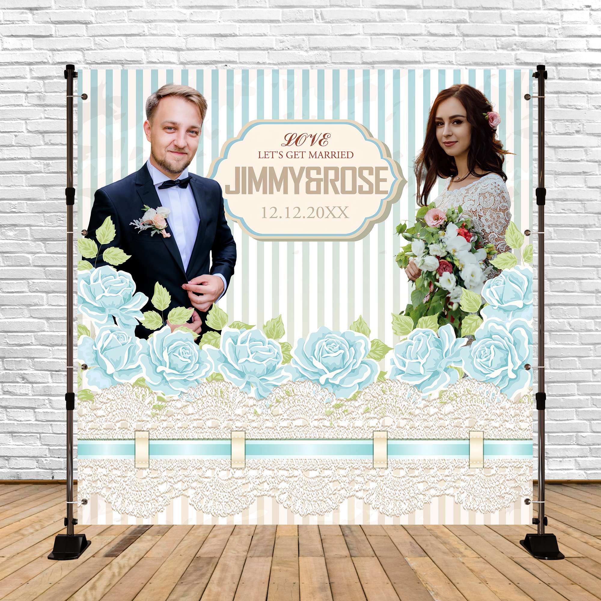 Toile de fond Mariage Photo Rose Bleue Dentelle Personnalisable BRP6-107