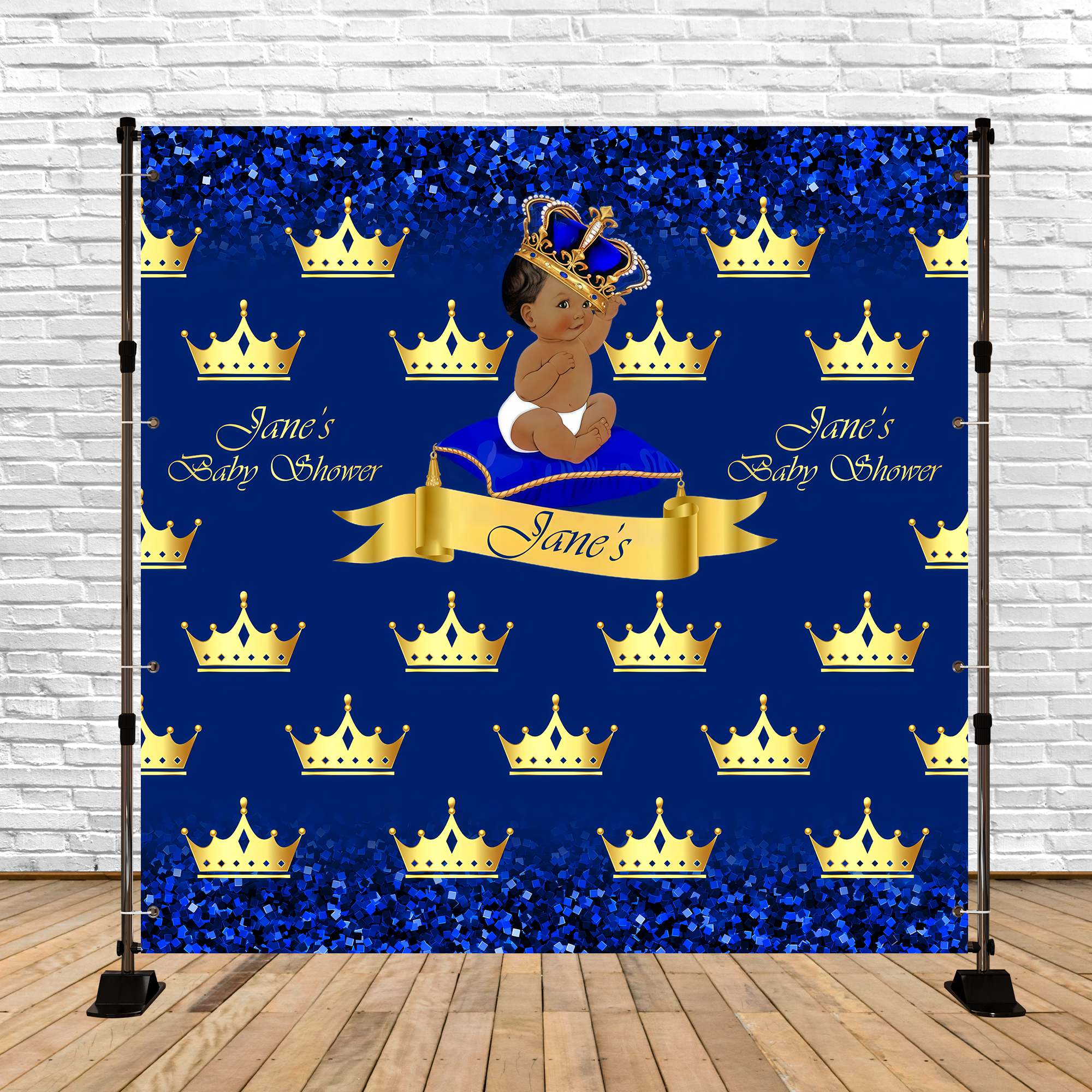 Toile de fond Baby Shower Idées Couronne Dorée Bleue Personnalisée BRP6-13