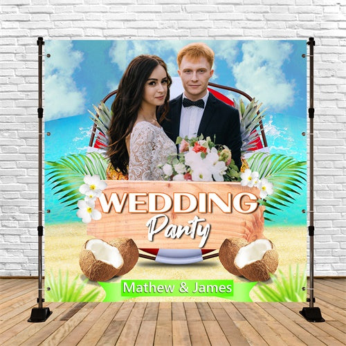 Toile de fond Mariage Plage Île Noix de Coco Palmiers Personnalisable BRP6-140