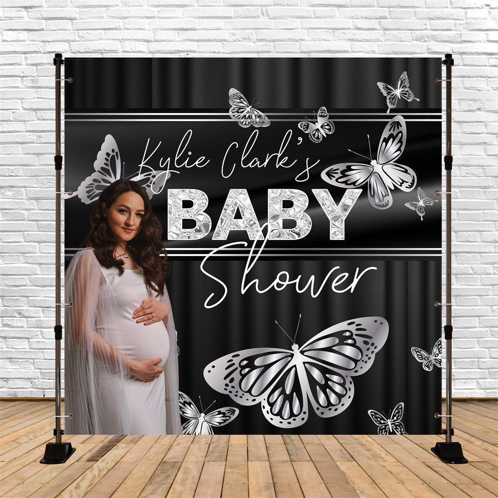 Toile de fond Shower de Bébé Personnalisable Élégance Papillon Argenté BRP6-213