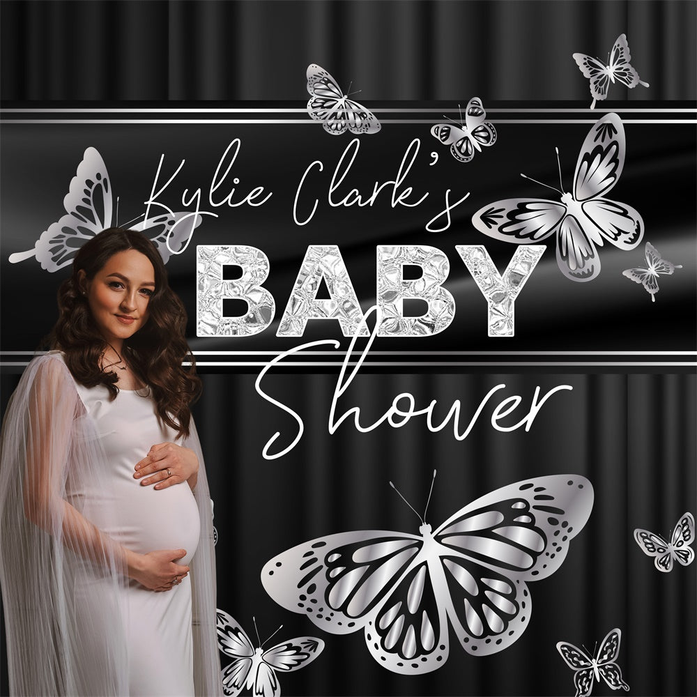 Toile de fond Shower de Bébé Personnalisable Élégance Papillon Argenté BRP6-213