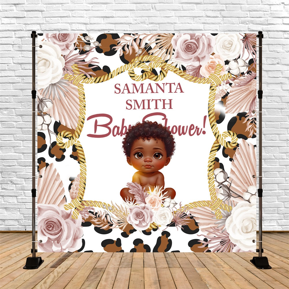 Toile de fond Shower de Bébé Personnalisable Léopard en Fleurs BRP6-217
