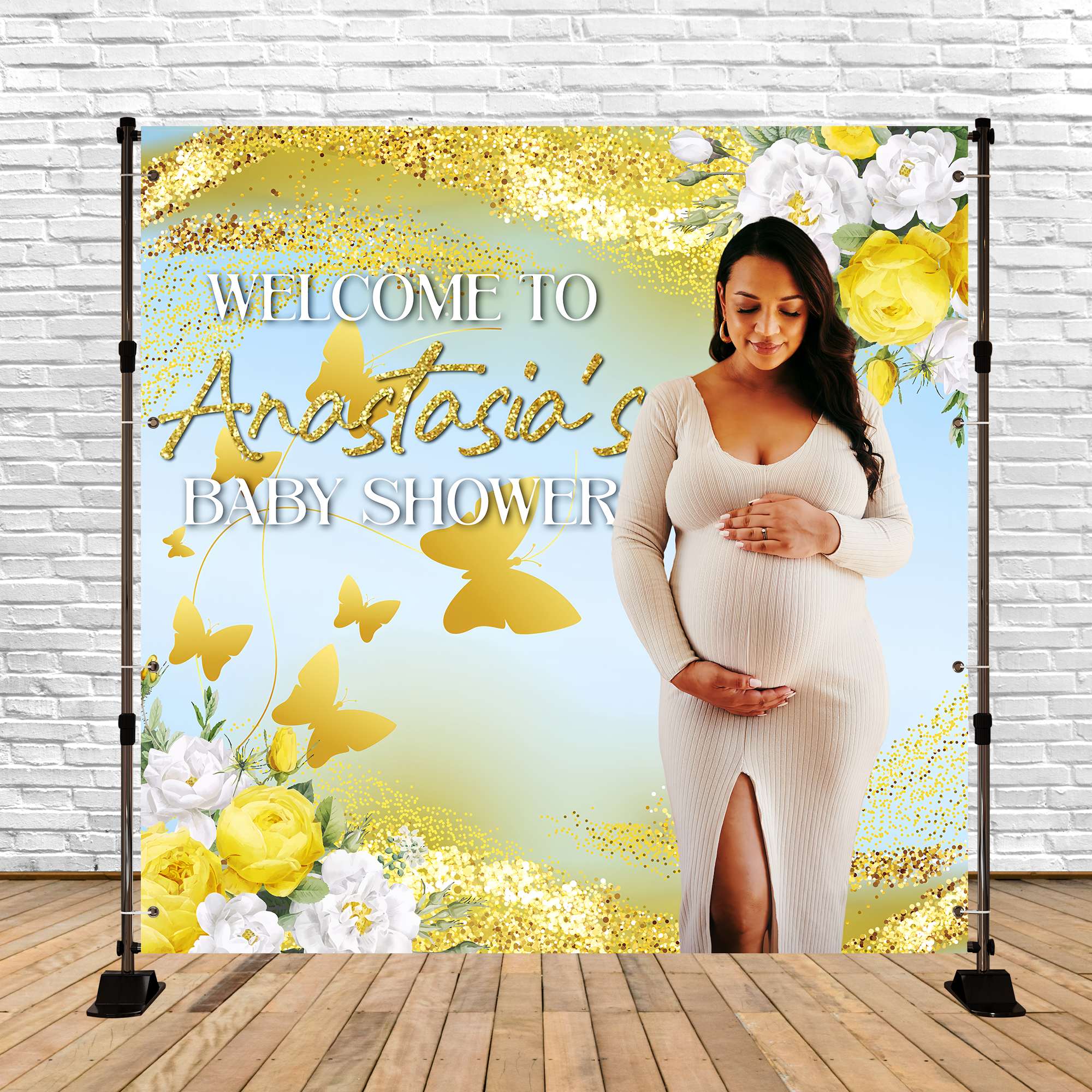 Toile de fond Baby Shower Personnalisable Élégance Pétales Dorés BRP6-223