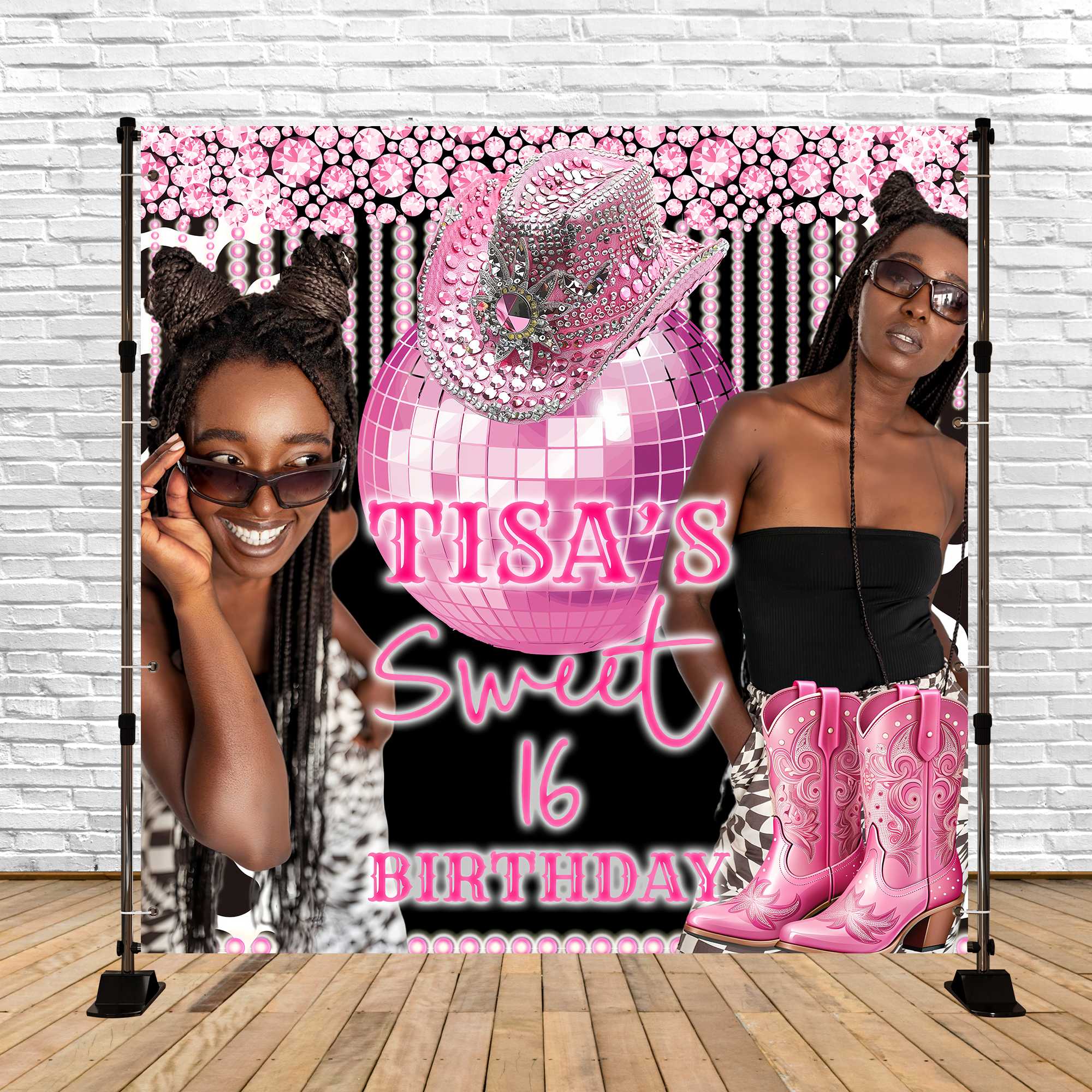 Toile de fond Deco Anniversaire Personnalisé Disco Cowgirl Sweet 16 BRP6-75