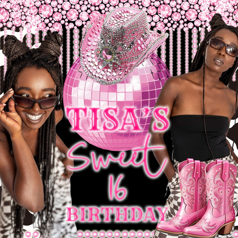 Toile de fond Deco Anniversaire Personnalisé Disco Cowgirl Sweet 16 BRP6-75