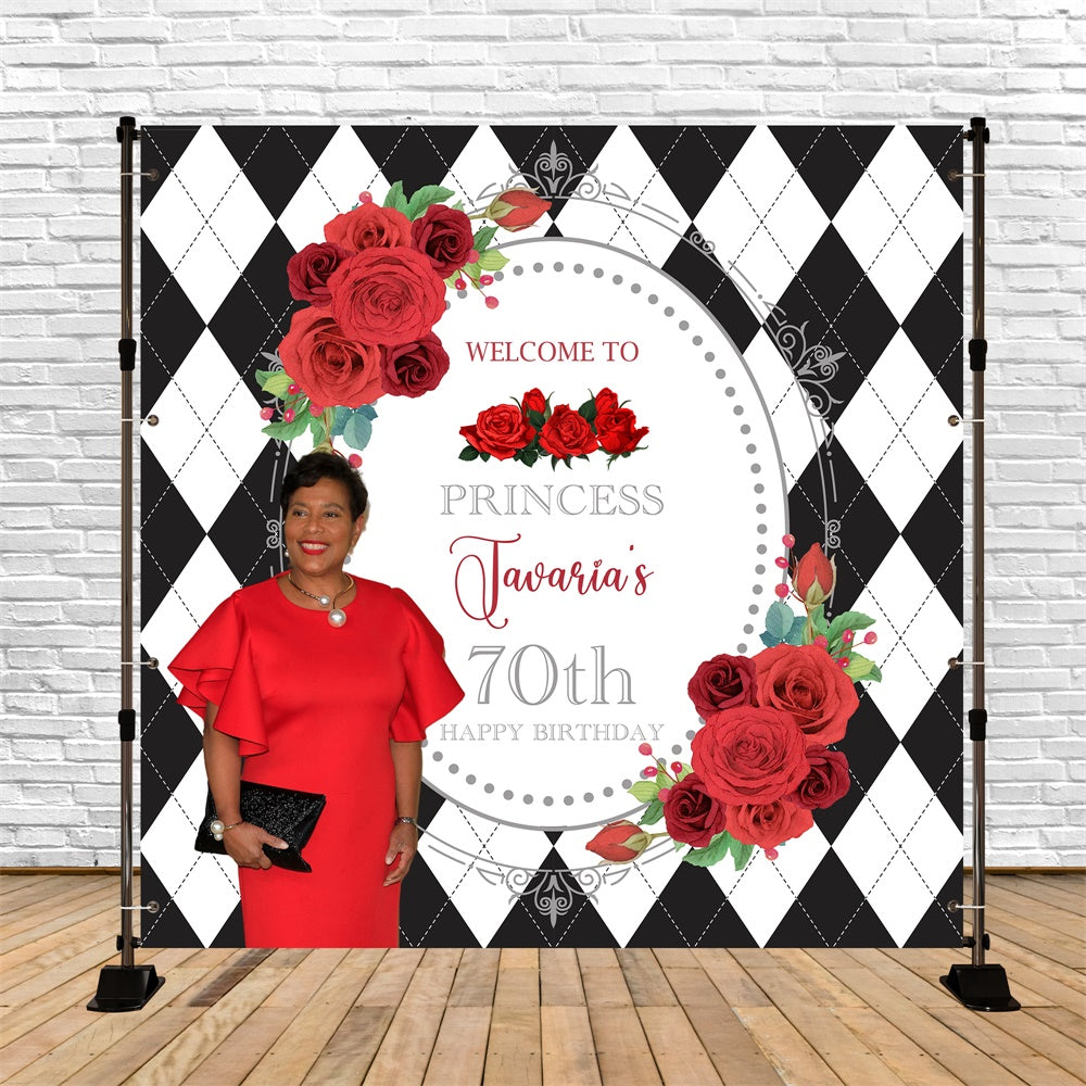 Toile de fond Anniversaire Personnalisé Roses Royales Élégantes 70 Ans BRP6-97