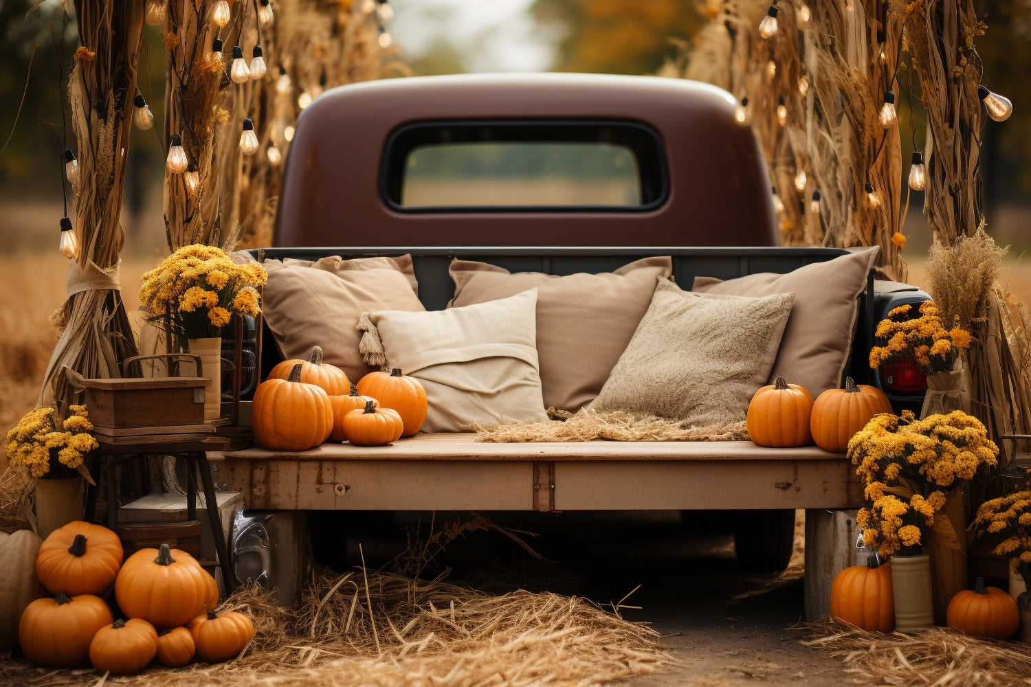 Toile de fond de camion avec citrouilles fleurs coussin lumineux d'automne BRP7-105