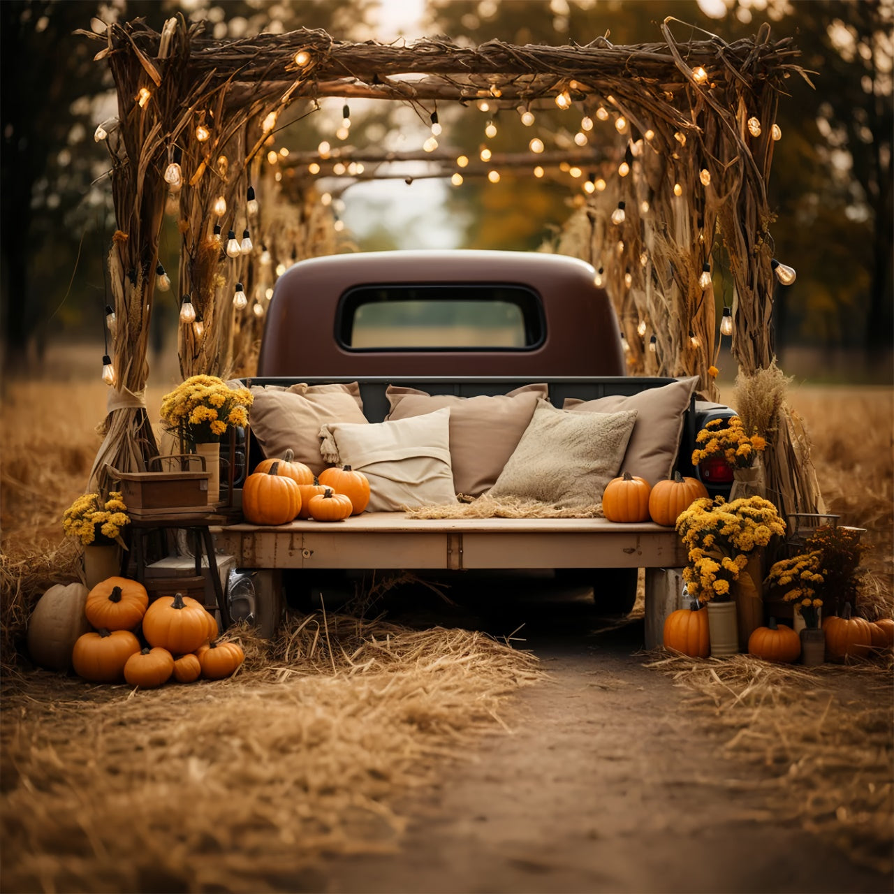 Toile de fond de camion avec citrouilles fleurs coussin lumineux d'automne BRP7-105