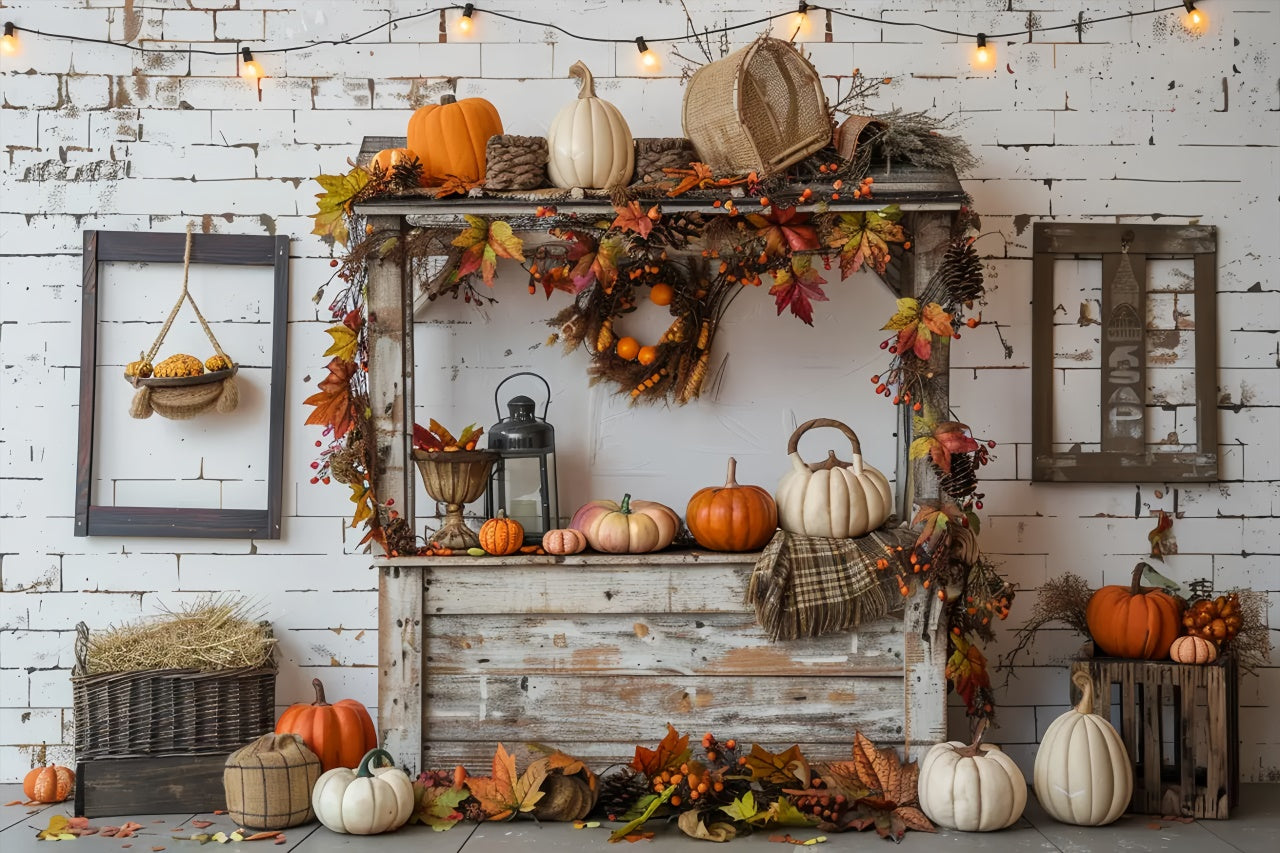 Toile de fond de citrouilles avec mur en briques blanches d'automne BRP7-147