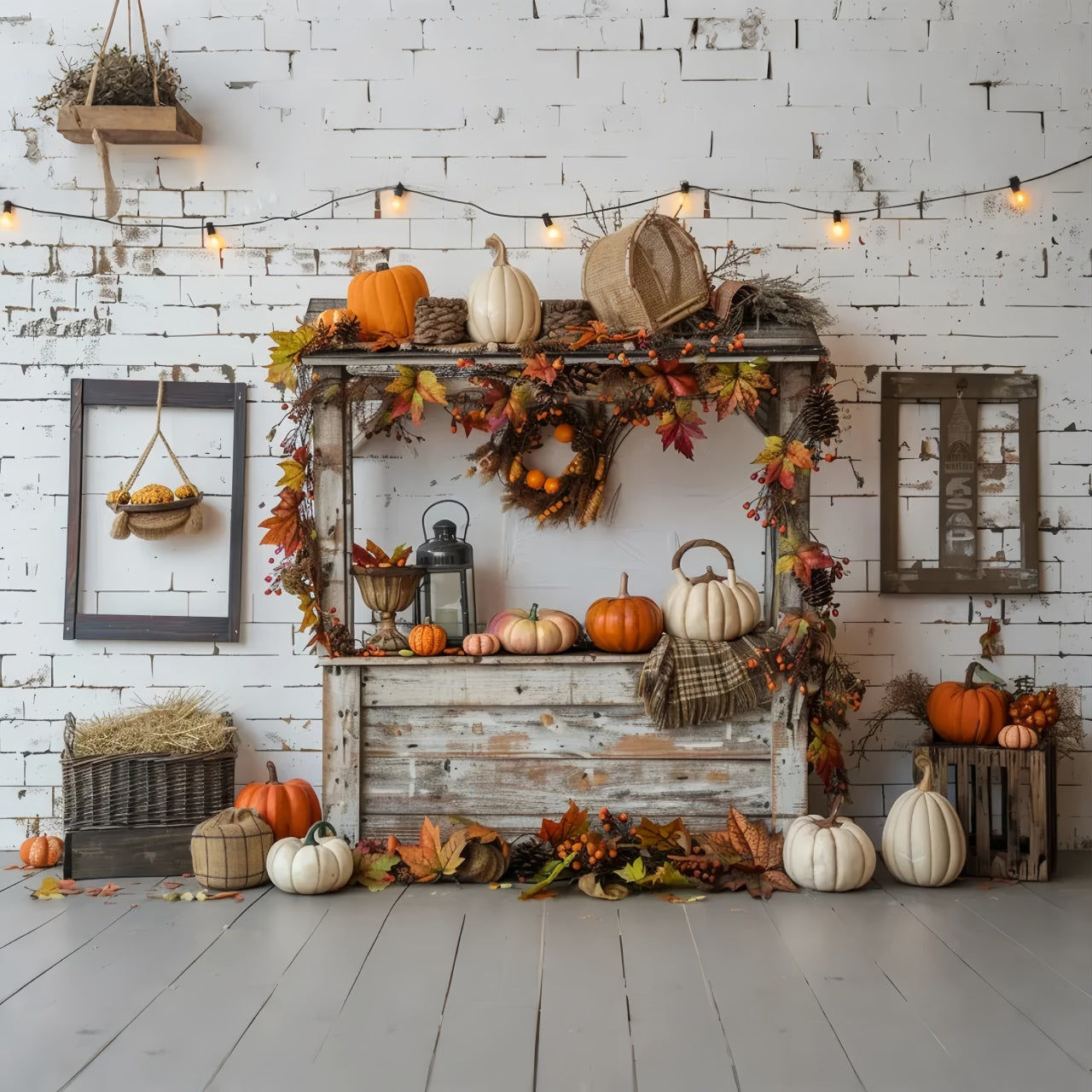 Toile de fond de citrouilles avec mur en briques blanches d'automne BRP7-147