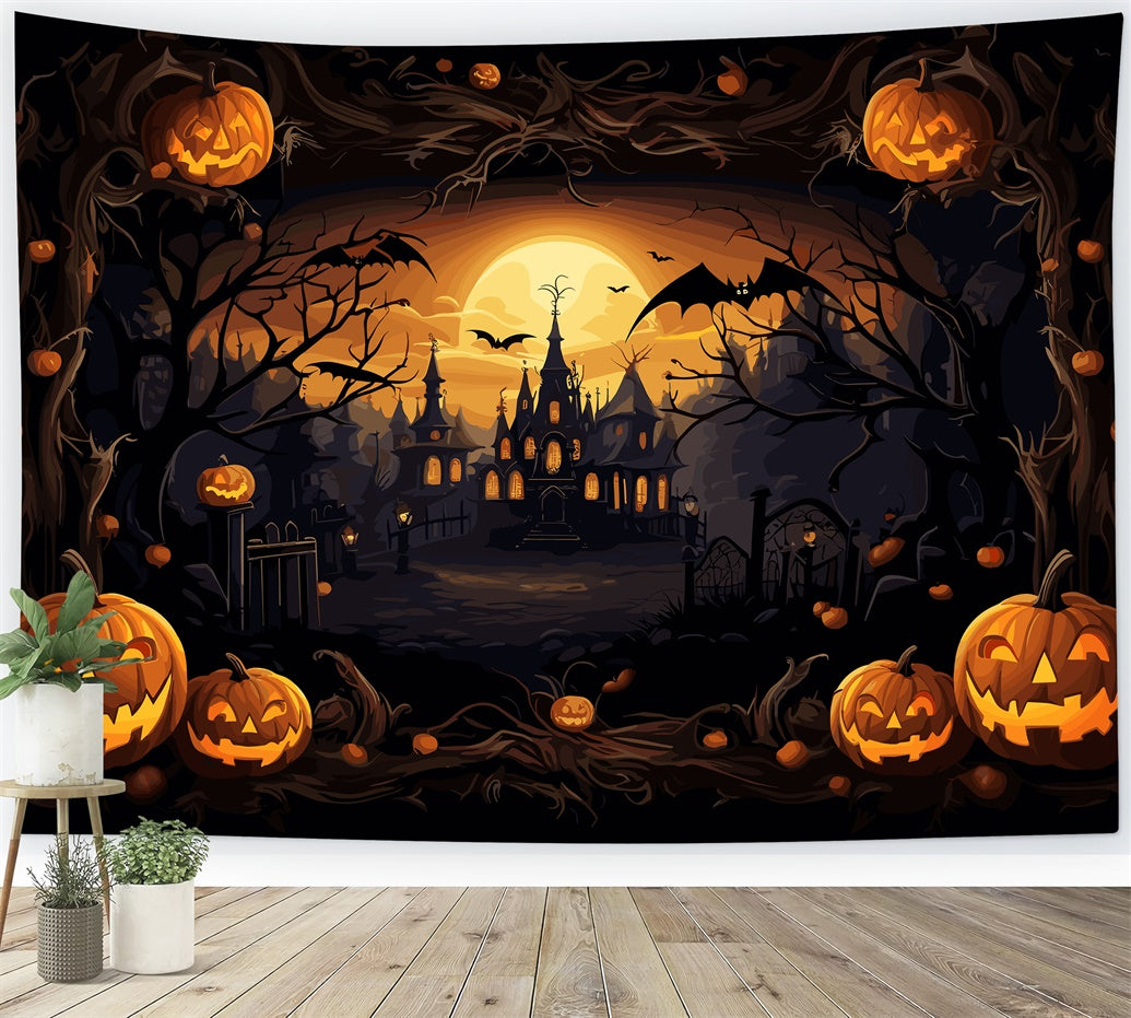 Toile de Fond Château Effrayant et Citrouilles d'Halloween BRP8-164