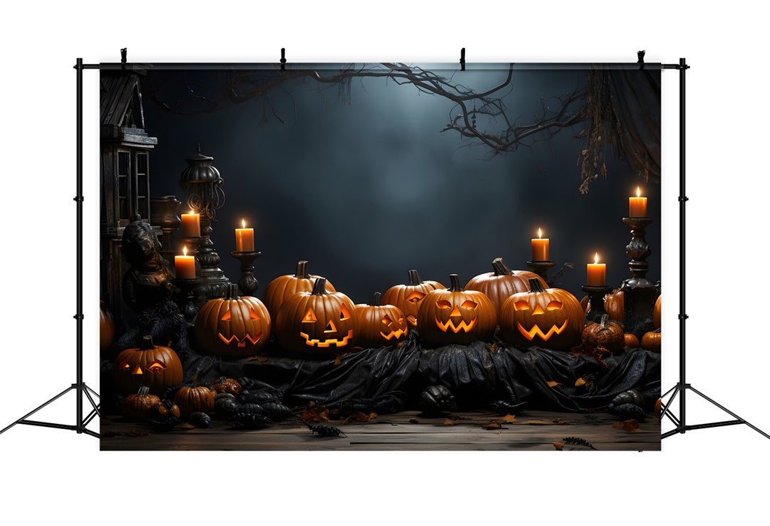 Toile de Fond Veille d'Halloween avec Citrouilles Sculptées et Bougies BRP8-166