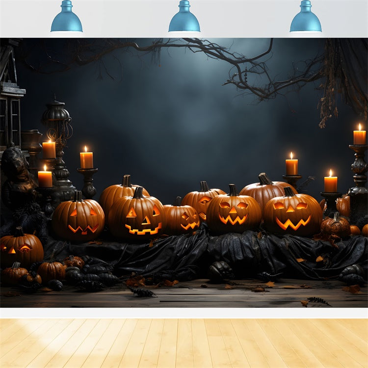 Toile de Fond Veille d'Halloween avec Citrouilles Sculptées et Bougies BRP8-166